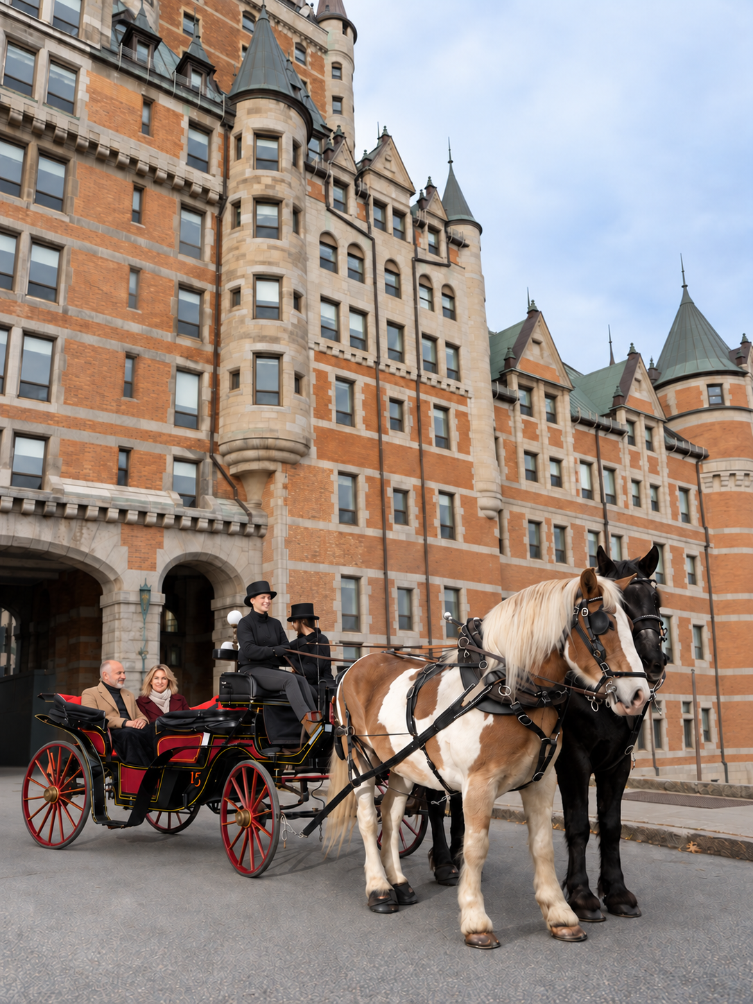 A couple riding in a horse-drawn carriage with a driver and guide in front of Château Frontenac in Old Québec.