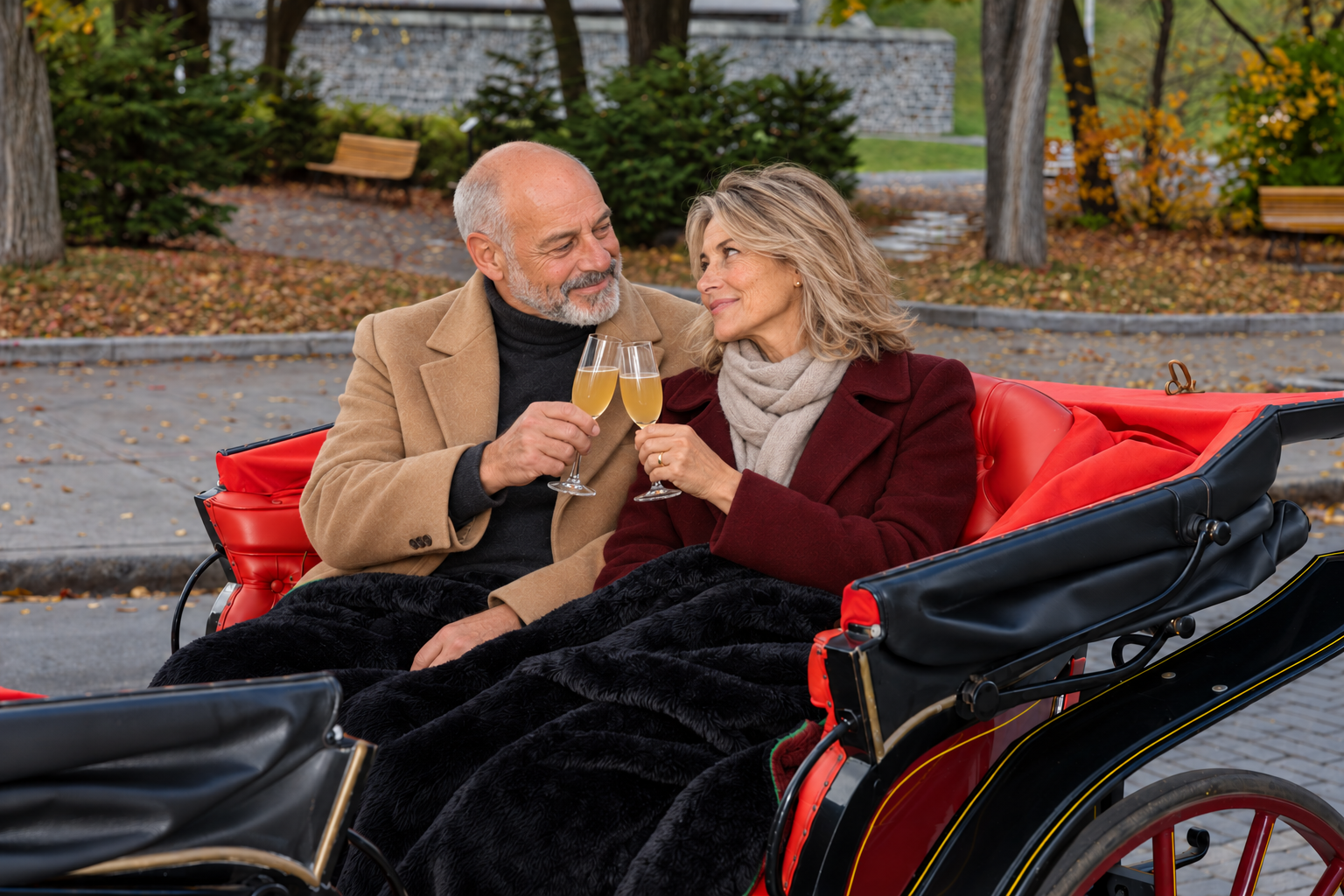 Un couple partage un regard complice et trinque avec des flûtes de moût de pomme dans une calèche, en manteaux d’automne.